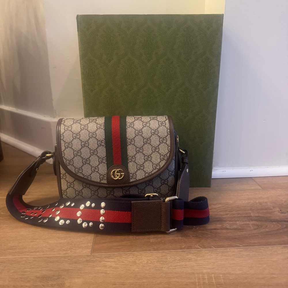 GUCCI  GG Supreme Monogram Textured Dollar Calfskin Web Studded Mini Ophidia Fl